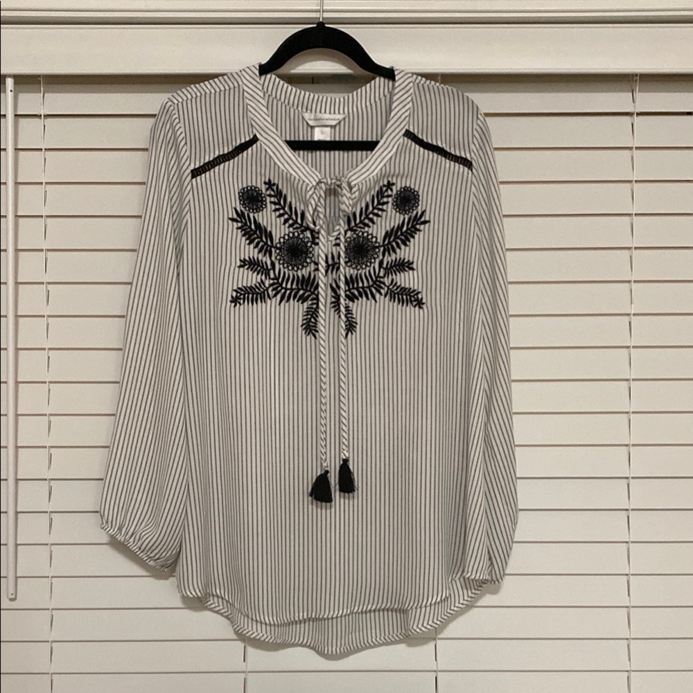 Striped Black and White Embroidered Women's Top